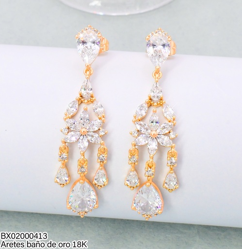 [BX02000413] ARETES LARGOS BAÑO DE ORO 18K. XUPING 2 GOTAS ZIRC.C/FLOR JELX-10097