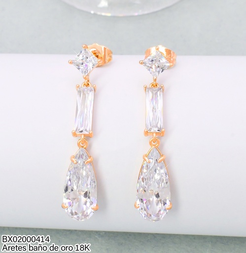 [BX02000414] ARETES LARGOS BAÑO DE ORO 18K. XUPING ZIRC.ROMBO/BARRA/GOTA JELX-8282
