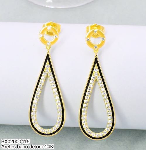[BX02000415] ARETES LARGOS BAÑO DE ORO 14K. XUPING CIRCULO/CROQUI GOTA NEGRO JEYX-0952