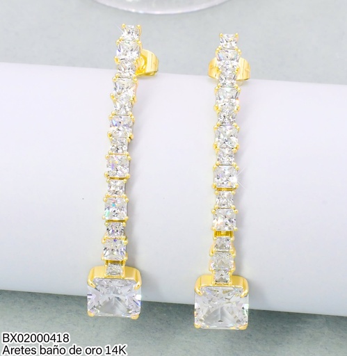 [BX02000418] ARETES LARGOS BAÑO DE ORO 14K. XUPING ZIRC.CUADRO/+GRANDE JEZF-6636