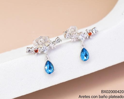 [BX02000420] ARETES BAÑO PLATEADO BARRITA HORIZ C/GOTA AZUL ZELX-0198 XUPING