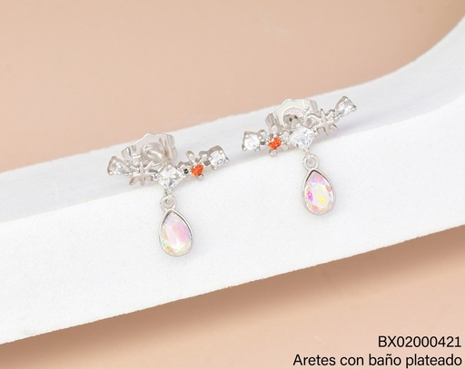 [BX02000421] ARETES BAÑO PLATEADO BARRITA HORIZ C/GOTA ZIRC ZELX-0198 XUPING