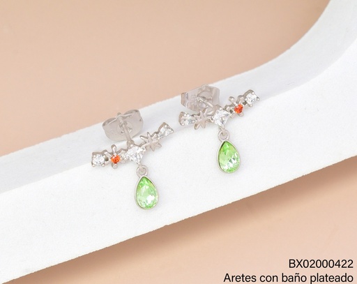 [BX02000422] ARETES BAÑO PLATEADO BARRITA HORIZ C/GOTA VERDE ZELX-0198 XUPING