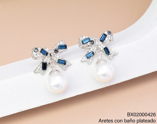 [BX02000426] ARETES BAÑO PLATEADO LAZO ZIRC.NEGRAS C/PERLA TEZZ-0625 XUPING