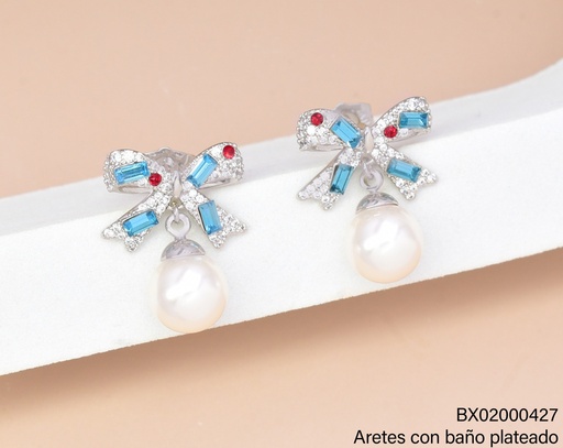 [BX02000427] ARETES BAÑO PLATEADO LAZO ZIRC.AZULES C/PERLA TEZZ-0625 XUPING