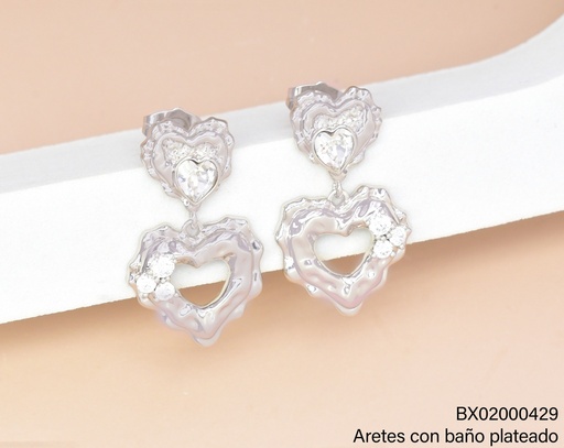 [BX02000429] ARETES BAÑO PLATEADO CORAZON C/ZIRC.--CROQUI JEYX-8573 XUPING