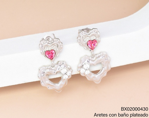 [BX02000430] ARETES BAÑO PLATEADO CORAZON C/ZIRC.ROSADA-CROQUI JEYX-8573 XUPING