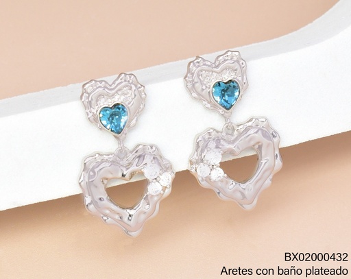 [BX02000432] ARETES BAÑO PLATEADO CORAZON C/ZIRC.CELESTE-CROQUI JEYX-8573 XUPING
