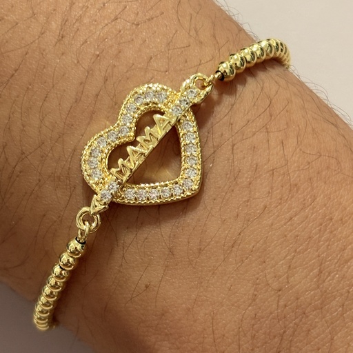 [EP18001258] PULSERA DOR AJUSTABLE PELOTITAS DIJE CORAZON ZIRC. MAMA G1418-334
