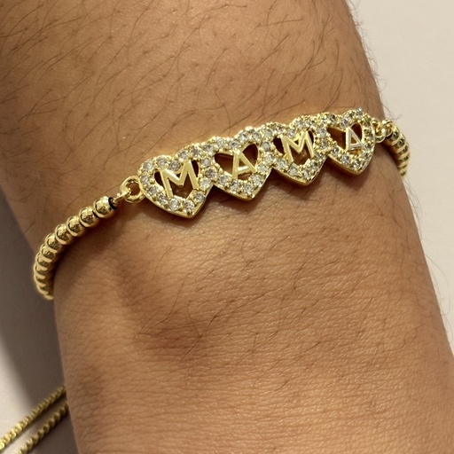 [EP18001259] PULSERA DOR AJUSTABLE PELOTITAS CORAZONES ZIRC. ¨MAMA¨G1417-334