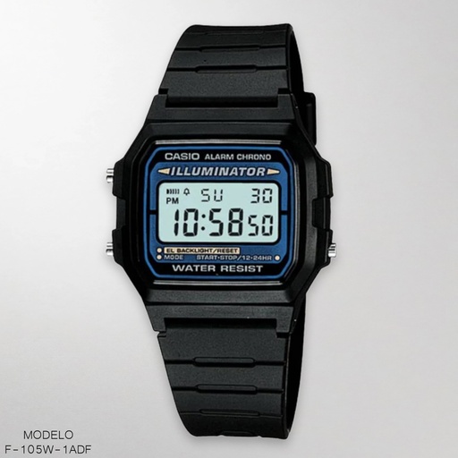 [F-105W-1ADF] RELOJ CASIO DIGITAL F-105W-1ADF RESINA NEGRA