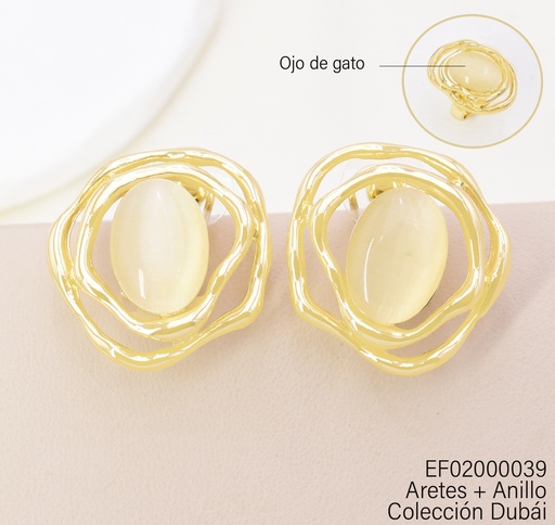 [EF02000039] ARETES OVALO CROQUI DOBLE  IRREG. /PIEDRA BEIGE C/ANILLO  FD25633