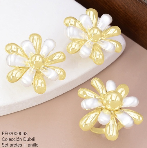[EF02000063] SET ARETES FLOR GR.PETALOS NACAR/DOR C/ANILLO FD25588