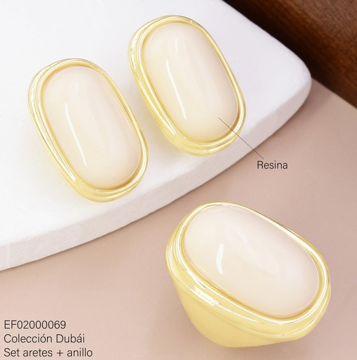 [EF02000069] SET ARETES OV BEIGE BORDE DOR.C/ANILLO FD25686