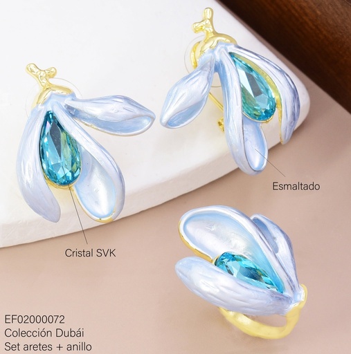 [EF02000072] SET ARETES 3 PETALOS CELESTES/GOTA C/ANILLO FD25838