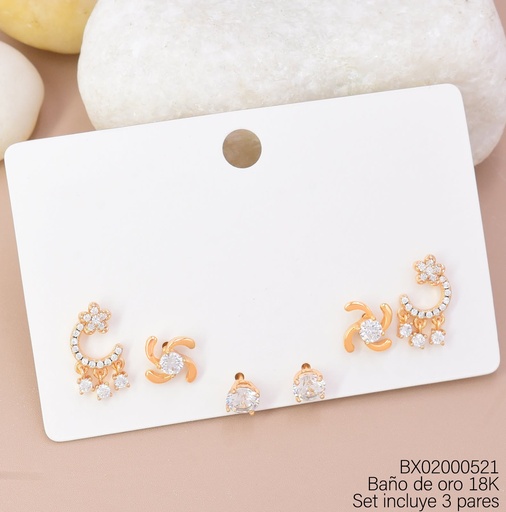 [BX02000521] PAQ. 3 PARES ARETES BAÑO DE ORO 18K XUPING MEDIA LUNA ZIRC