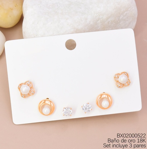 [BX02000522] PAQ. 3 PARES ARETES BAÑO DE ORO 18K XUPING PERLA FLOR/RD/ZIRC