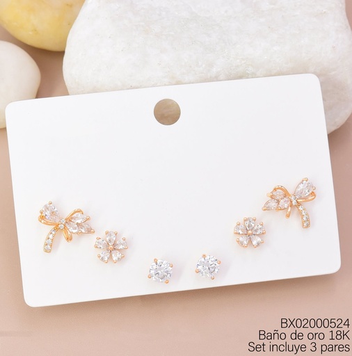 [BX02000524] PAQ. 3 PARES ARETES BAÑO DE ORO 18K XUPING LAZO/FLOR/ZIRC
