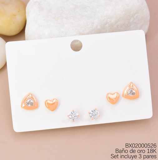 [BX02000526] PAQ. 3 PARES ARETES BAÑO DE ORO 18K XUPING TRIANG/CORAZON/ZIRC