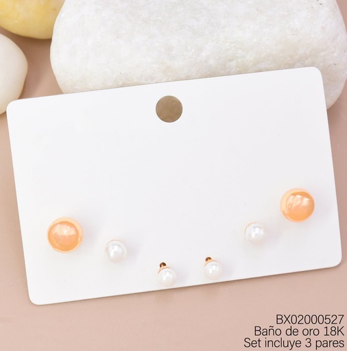 [BX02000527] PAQ. 3 PARES ARETES BAÑO DE ORO 18K XUPING PELOTA/PERLITAS
