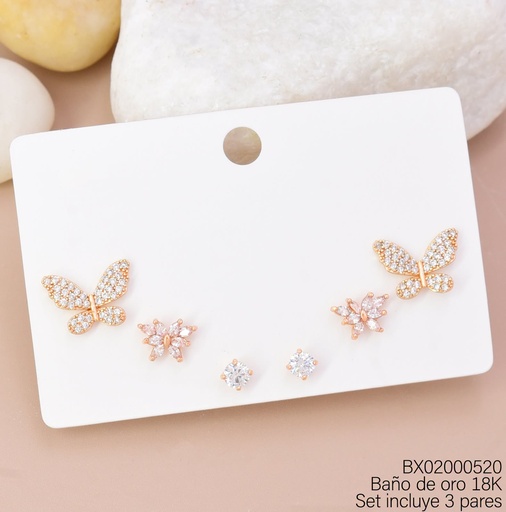 [BX02000520] PAQ. 3 PARES ARETES BAÑO DE ORO 18K. XUPING MARPOSAS/FLOR/ZIRC ZIRC.