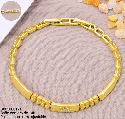 [BX03000174] PULSERA BAÑO DE ORO 14K. XUPING 3 RECTANGULOS/ZIRC UBYX-5782