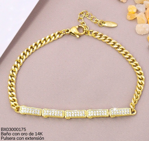 [BX03000175] PULSERA BAÑO DE ORO 14K. XUPING 5 RECTANGULOS ZIRC.ZBYX-0633