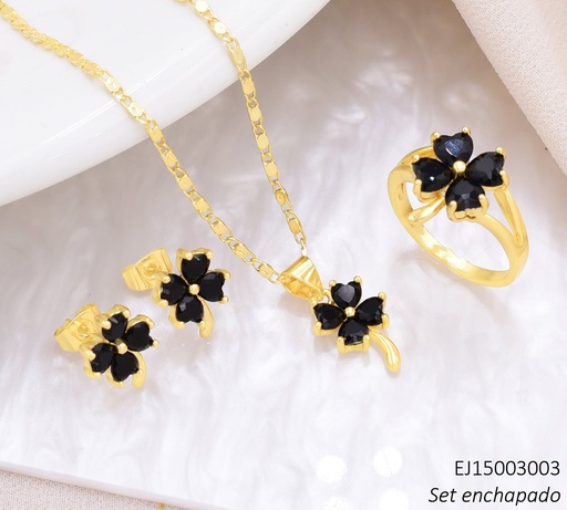[EJ15003003] SET TREBOL ZIRC. NEGRA C/ANILLO SE1561-9 (J26)