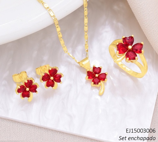 [EJ15003006] SET TREBOL ZIRC. ROJA C/ANILLO  SE1564-9 (J26)