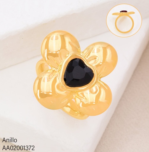 [AA02001372] ANILLO 4 PETALOS CENTRO CORAZON ZIRCONIA NEGRO