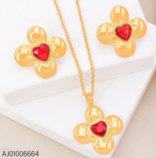 [AJ01006664] SET FLOR 4 PETALOS CENTRO CORAZON ZIRCONIA ROJO