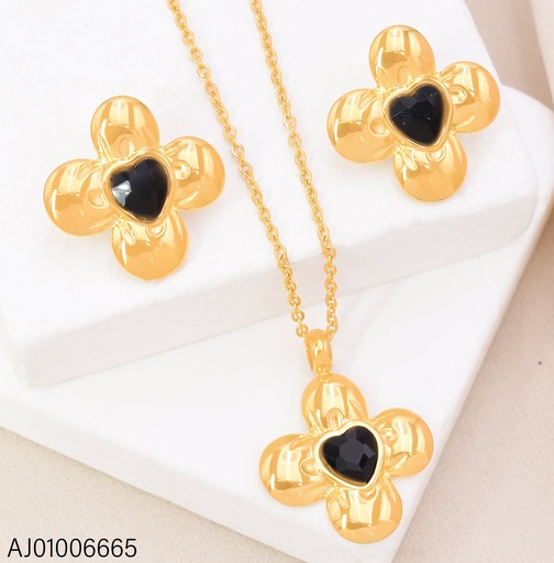 [AJ01006665] SET FLOR  4 PETALOS CENTRO CORAZON ZIRCONIA NEGRO