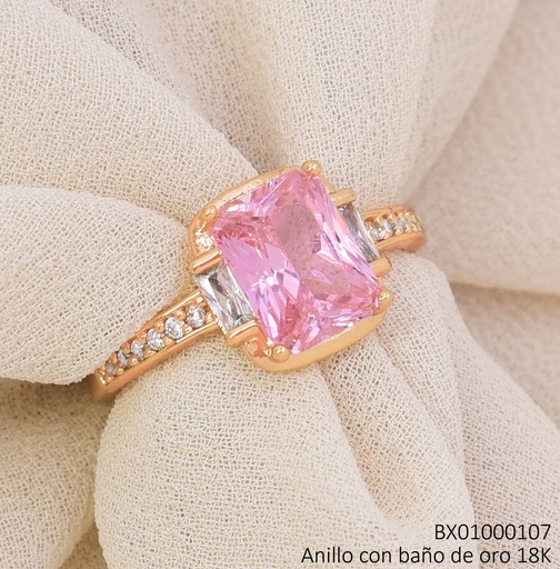 [BX01000107] ANILLO BAÑO DE ORO 18K. XUPING ZIRCONIA RECT. ROSADA (X.JL)