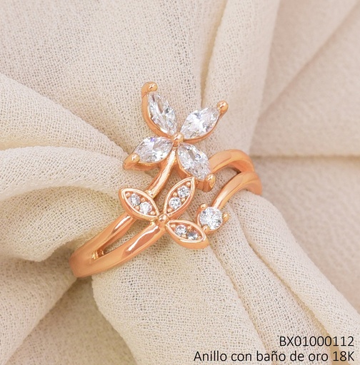 [BX01000112] ANILLO BAÑO DE ORO 18K. XUPING DOBLE FLOR ZIRCONIAS (X.JL)
