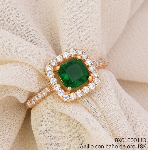 [BX01000113] ANILLO BAÑO DE ORO 18K. XUPING CUARO ZIRC.VERDE C/BORDES (X.JL)