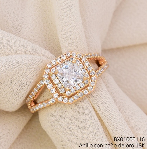 [BX01000116] ANILLO BAÑO DE ORO 18K. XUPING CUADRO ZIRC.DOBLE BORDES (X.JL)