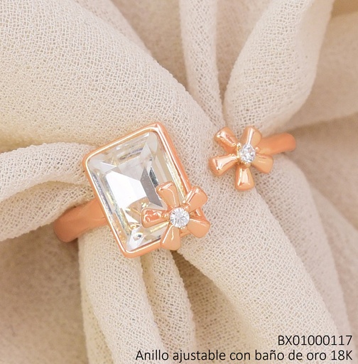 [BX01000117] ANILLO BAÑO DE ORO 18K. XUPING RECT.ZIRC.C/2 FLORECITAS (X.JL)