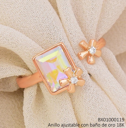 [BX01000119] ANILLO BAÑO DE ORO 18K. XUPING ZIRC.RECT.TORNASOL C/2 FLORECITAS (X.JL)
