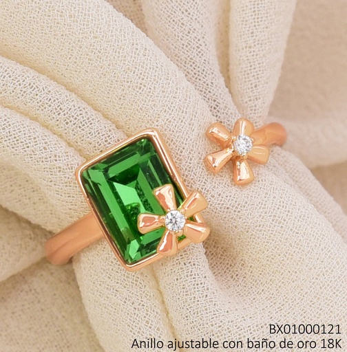 [BX01000121] ANILLO BAÑO DE ORO 18K. XUPING RECT.VERDE C/2 FLORECITAS (X.JL)