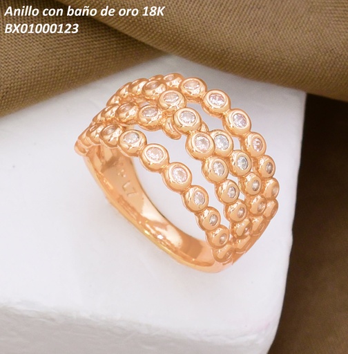 [BX01000123] ANILLO BAÑO DE ORO 18K. XUPING  3 LINEAS ZIRC. RD.  (X.JL)