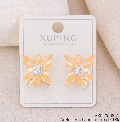[BX02000641] ARETES BAÑO DE ORO 18K. XUPING HUGGIES MARIPOSA/ZIRC. CORAZON (X.JL)