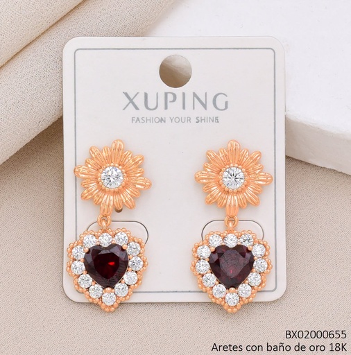 [BX02000655] ARETES BAÑO DE ORO 18K XUPING LARGOS FLOR /CORAZON GUIDARDON ROJO OSCURO ZIRCONIA CRISTAL (X.JL)