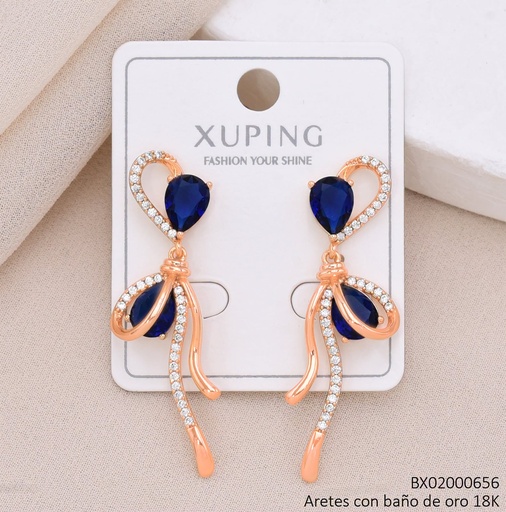 [BX02000656] ARETES BAÑO DE ORO 18K XUPING PIEDRAS LAZO VERTICAL OV AZUL/ZIRCONIA CRISTAL (X.JL)
