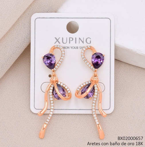 [BX02000657] ARETES BAÑO DE ORO 18K XUPING PIEDRAS LAZO VERTICAL OV LILA/ZIRCONIA CRISTAL (X.JL)