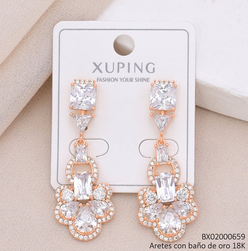 [BX02000659] ARETS BAÑO DE ORO 18K XUPING LARGOS PIEDRAS CUADRO/OVALO CRISTAL (X.JL)