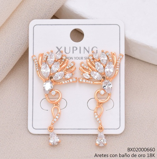 [BX02000660] ARETES BAÑO DE ORO 18K XUPING FLOR DE LOTO LARGOS OV. CRISTAL (X.JL)