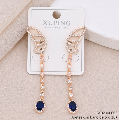 [BX02000663] ARETES BAÑO DE ORO 18K XUPING MARIPOSA OV AZUL/ZIRCONIA CRISTAL (X.JL)
