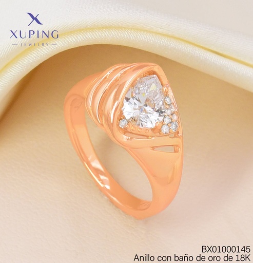 [BX01000145] ANILLO BAÑO DE ORO 18K XUPING RD 3 LINEAS VERTICAL/ZIRC CRISTAL (X.JL)