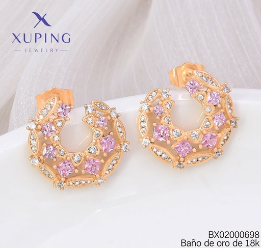 [BX02000698] ARETES BAÑO DE ORO 18K. XUPING "C" ZIRC ROSA/CRISTAL (X.JL)