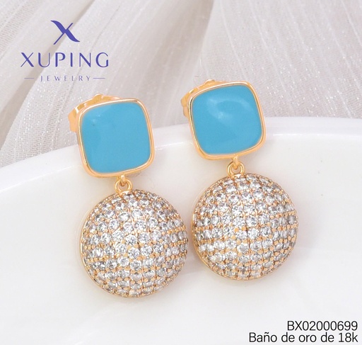 [BX02000699] ARETES BAÑO DE ORO 18K XUPING CUADRO CELESTE/ CIRC. ZIRC. (X.JL)